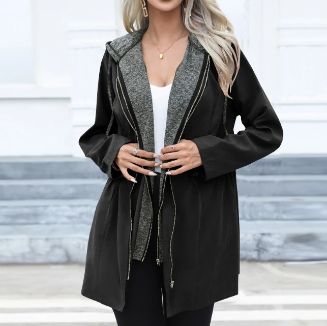 Women's Casual Double Zipper Contrasting Coat Temperament Commuting Woman Fashion Long Sleeved Hooded Trench Jacket