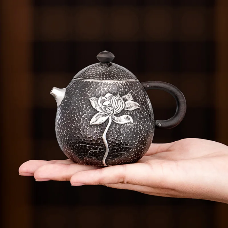 

Lotus Flower Sterling Silver 999 Teapot Handle Sandalwood Old Style Handmade Pot Kungfu Tea Ceremony Household Tea Kettle Gifts