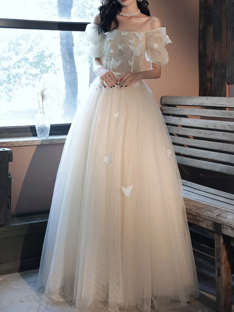 

Simple Square Collar Backless Puff Sleeve Princess Dress Design Polka Dot Slim Waist Vestidos Bow Appliques Ball Gown Robe