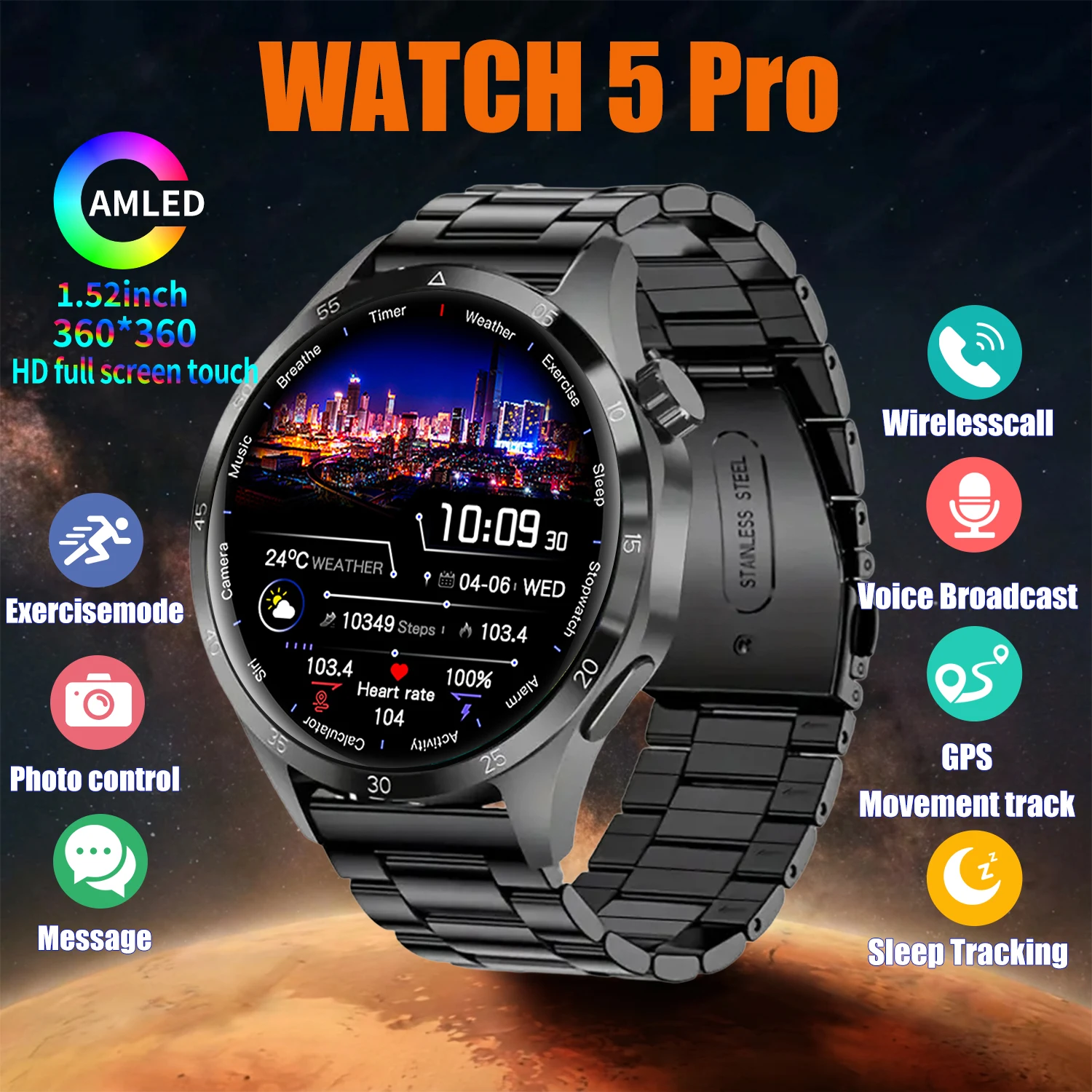 2026 Watch 5 Pro GPS Track Compass Smart Watch Men 360*360 AMOLED Screen BT Call Waterproof Health Monitor Man Smartwatch 1