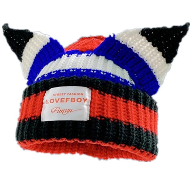 Hot Sale Women Y2K Style Winter Beanie Hat Outdoor Multicolor Cat Ear Loose Knit Hat Thick Warm All-Match Knitted Hat With Ear