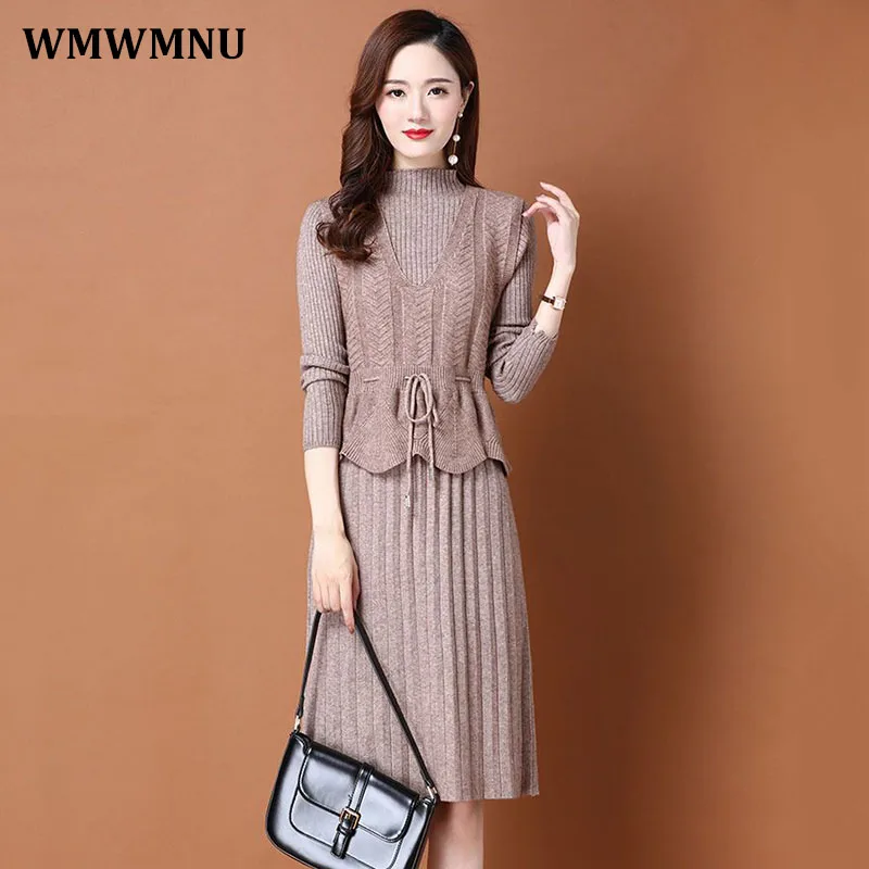 Autumn Winter Warm Elegant Knitted Dress Two Piece Set Women Outfits Casual Knit Vest And Half Turtleneck Sweater Dresses Suit