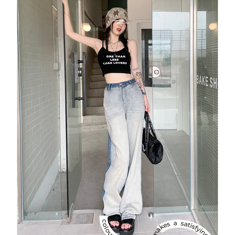 

High Waist Blue Women Jeans Spliced American Fashion Streetwear Wide Leg Jean Female Summer Vintage Trouser Baggy Denim Pants