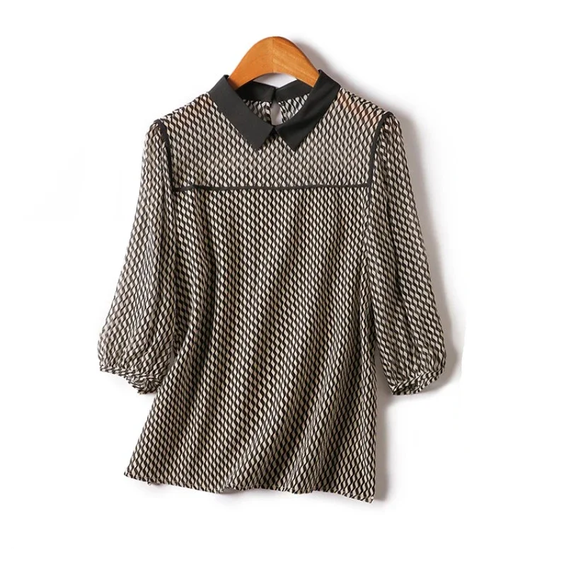 Chiffon Vintage Women's Shirt Summer Stripe Women Blouses Loose Fashion Short Sleeves Top Turn-down Collar Clothing 2024 Korean