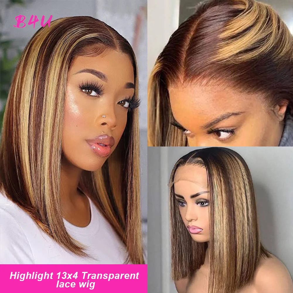 

Highlight Bob Wig Colored Human Hair Wigs Brazilian Straight Lace Front Wig For Women Honey Blonde P4/27 Bob Lace Closure Wig
