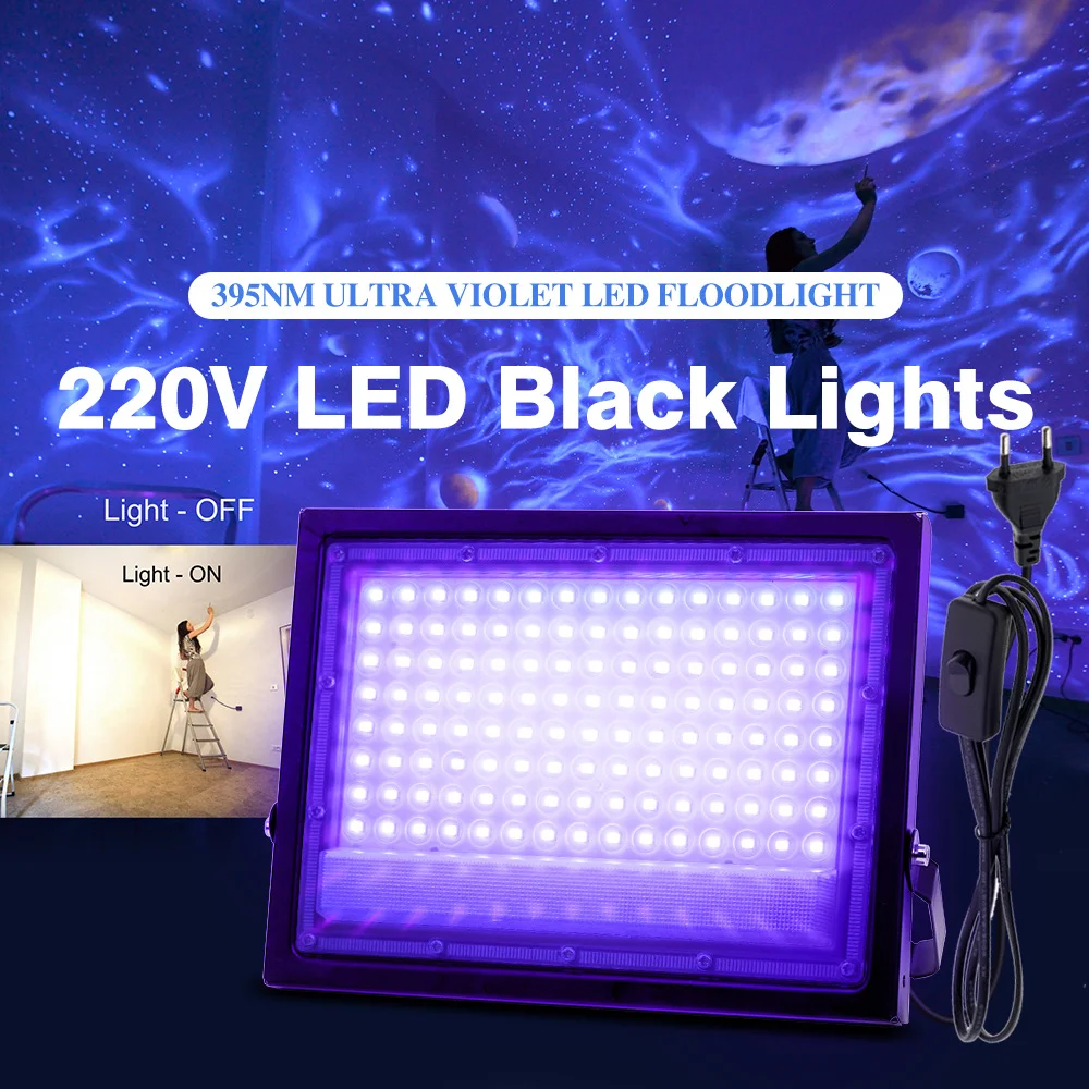 395nm LED UV 투광등 50W 100W 무대 블랙라이트 AC220V EU 플러그 포함 야외 방수 UV 형광 파티 무대 백라이트