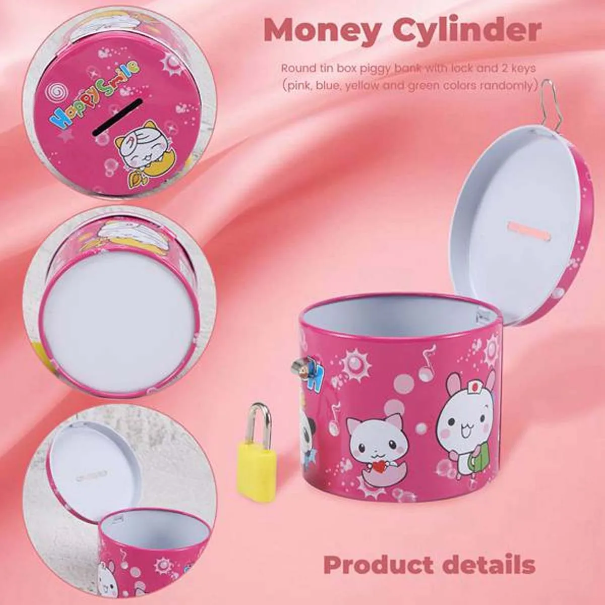 Cartoon Print Piggy Bank, Coin Money Saving Box with Padlock, Cylinder Design 2