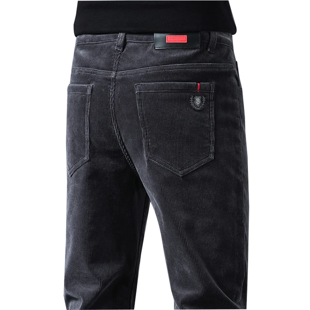 Black Gray Fleece Men Casual Pants Corduroy Thicken Man