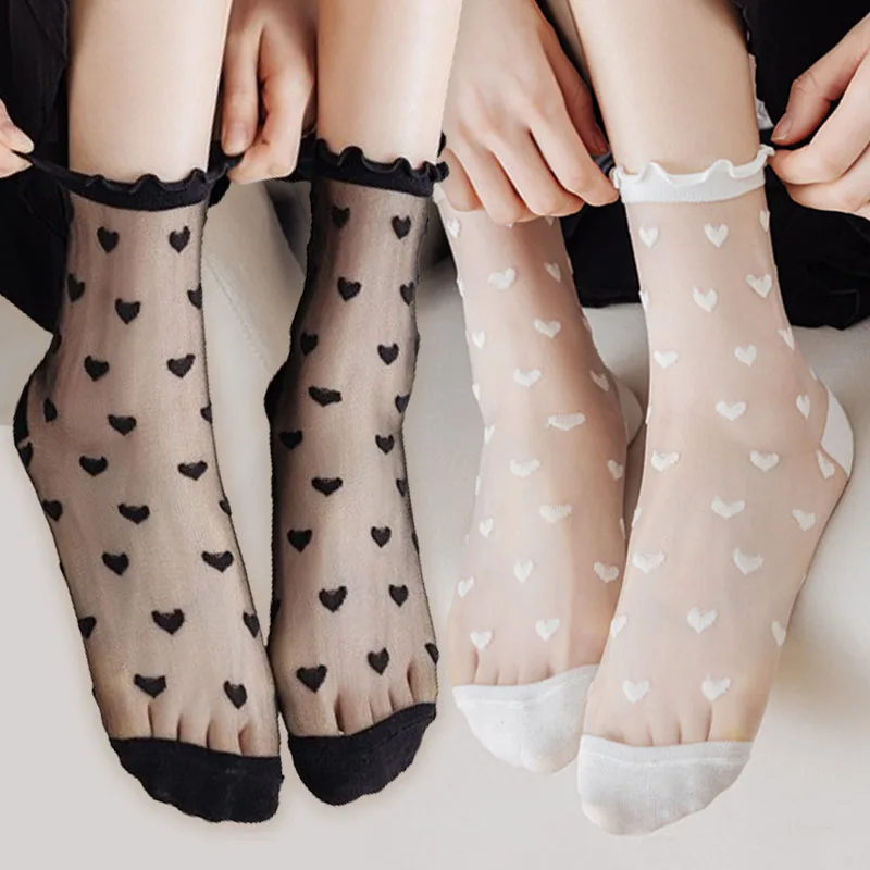 

Korean Summer Fashion Wood Ear Edge Socks Heart Stocking Ultrathin Women Female Short Ankle Elastic Crystal Spring Silk Sox