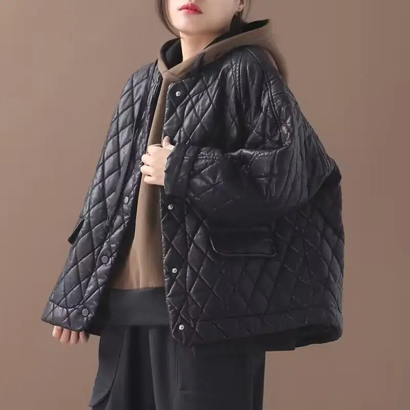 

Winter Warm Thick PU Leather Coats Women LONG Parkas Fashion Black Cotton Padded Lady Down Jacket Elegant Zipper Clothes 2023