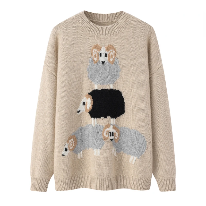 100 Cashmere Sheep Pattern Womens Knitwear Sweater Women Oneck Casual Animal Winter Astraight