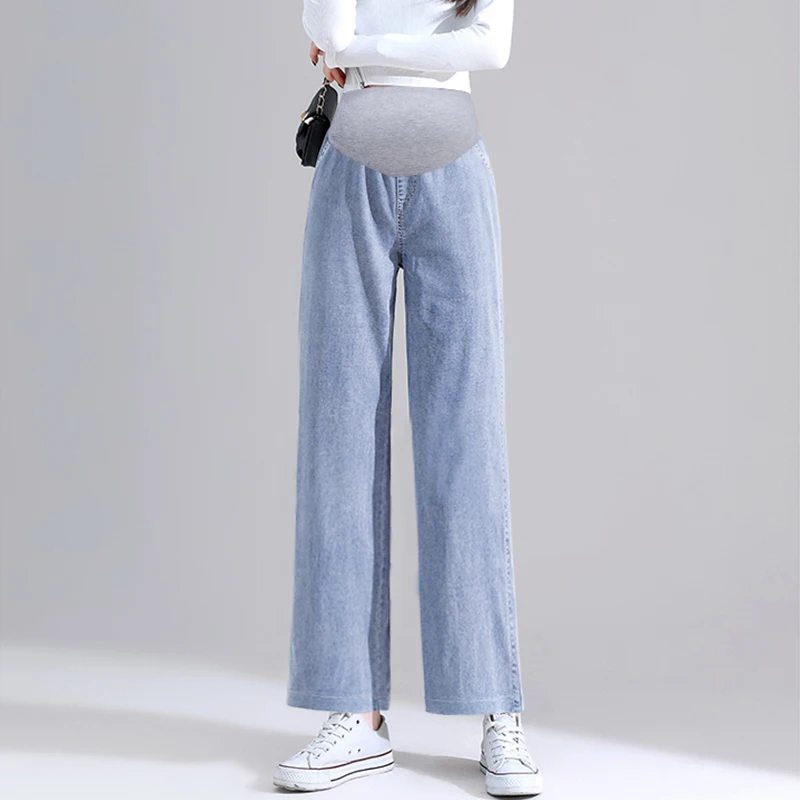 

Pregnant Woman Summer Thin Denim Trousers High Waist Black Blue Maternity Straight Belly Pants Fashion Pregnancy Jeans Loose