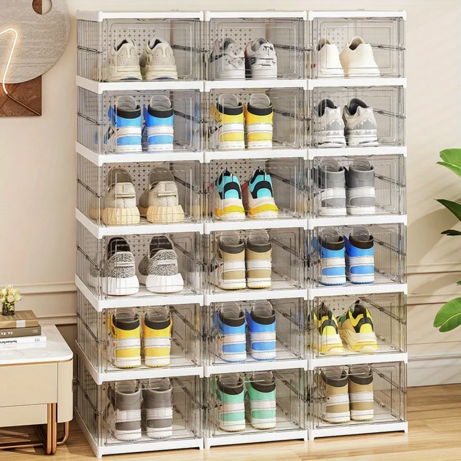 Foldable Shoe Rack Organizer Collapsible Shoes Storage Box Clear Shoe Boxes Cabinet with Lids Baskets, Bins & Containers