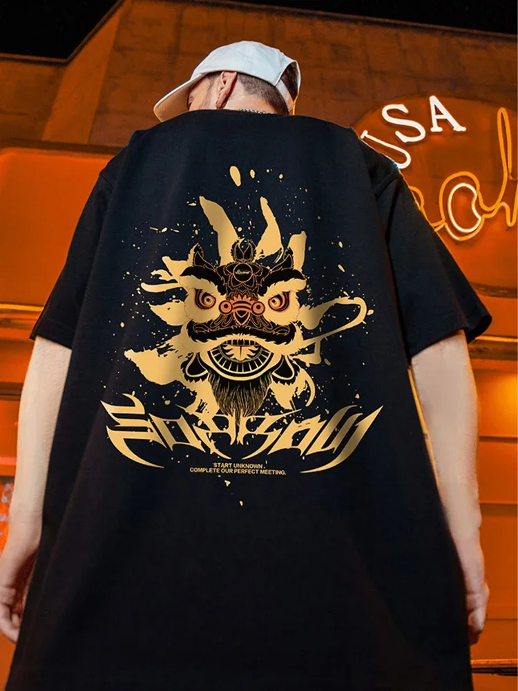 thumbnail image 1 of Camiseta de manga corta con estampado de danza del león de verano para hombre, estilo chino, retro, divertida, estilo hip hop, Y2K, de gran tamaño, 1 of 5