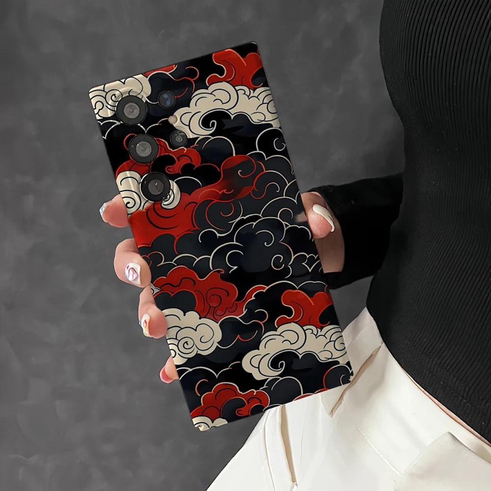 Elegant Red & Black Ukiyo-e Cloud Design Shockproof Phone Case - Double Layer Protection