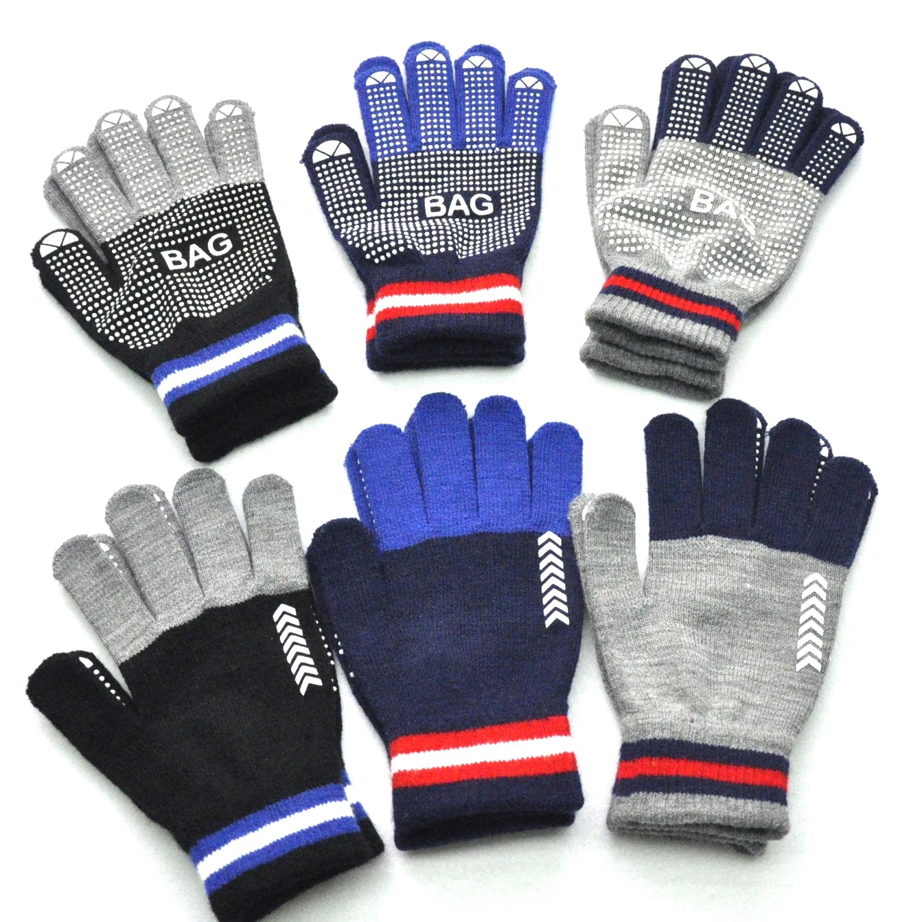 Men's and women's winter cycling spot grain non slip warm knitted gloves high elastic five finger color matching gloves