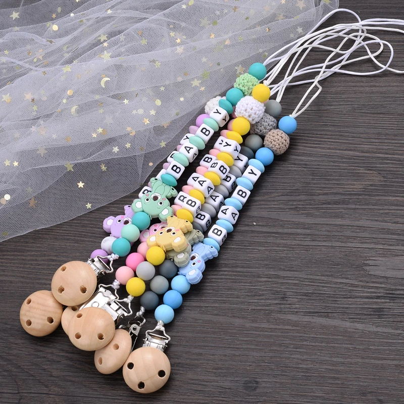 Baby Beech Teether Pacifier Clips Personalized Name Silicone Teether Geometric Crochet Beads Chain Pacifier Clips Nipple Clip 5