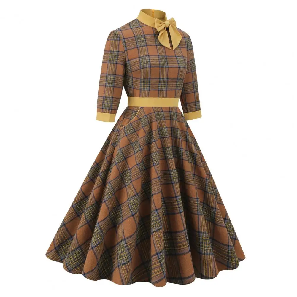 

Half-high Collar Dress Plaid Print A-line Dress with Bow Tie Half High Collar Hem Retro Midi Dress for Women Autumn Winter Plaid