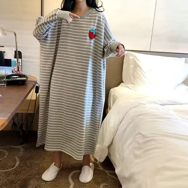 Women's Spwear Long Sve Striped Home Clothes Midi Dr Loose plus Size Spring Summer New Arrival Sweet Sle Printed