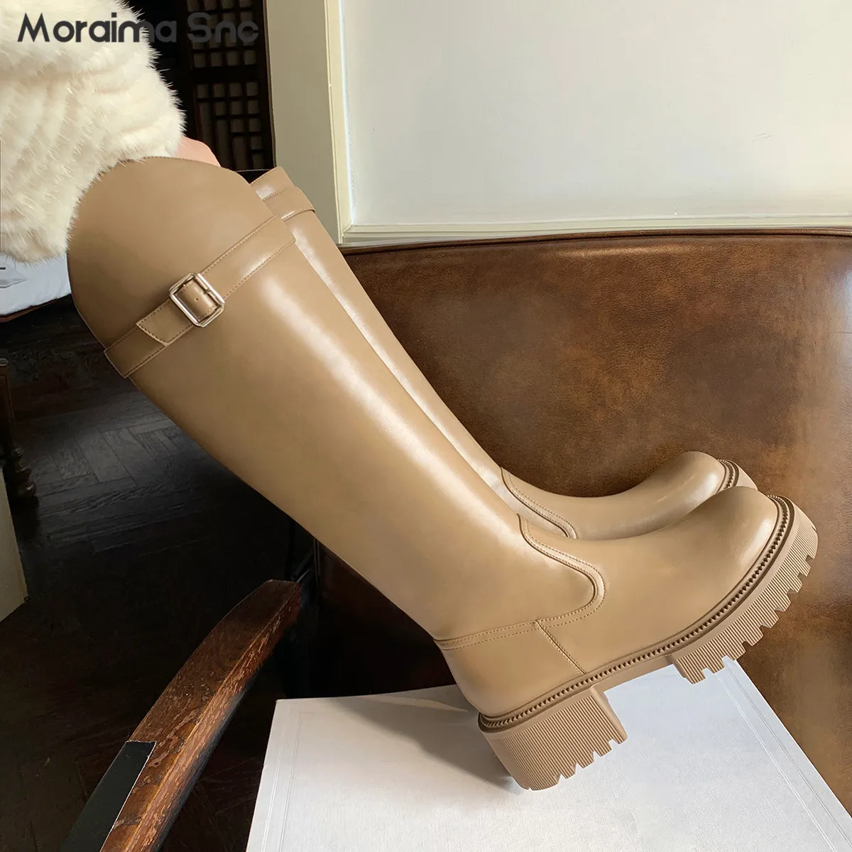 Belt Buckle Oblique Platform Long Boots Round Toe Thick Heel Knee-High Knight Boots Multi-Color Fashionable Casual Women's Boots