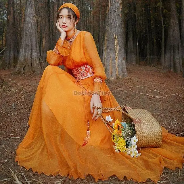

Spring Summer chinese ethnic style embroidered dress women national elegant dress orange long sleeve loose dress with turban