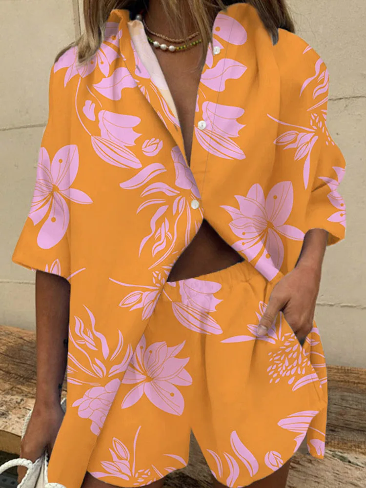 

Women Print Two Piece Set 2022 Summer Loose Turn Down Collar Shirt Top + Shorts Suit Ladies Casual Office 2 Piece Outfit