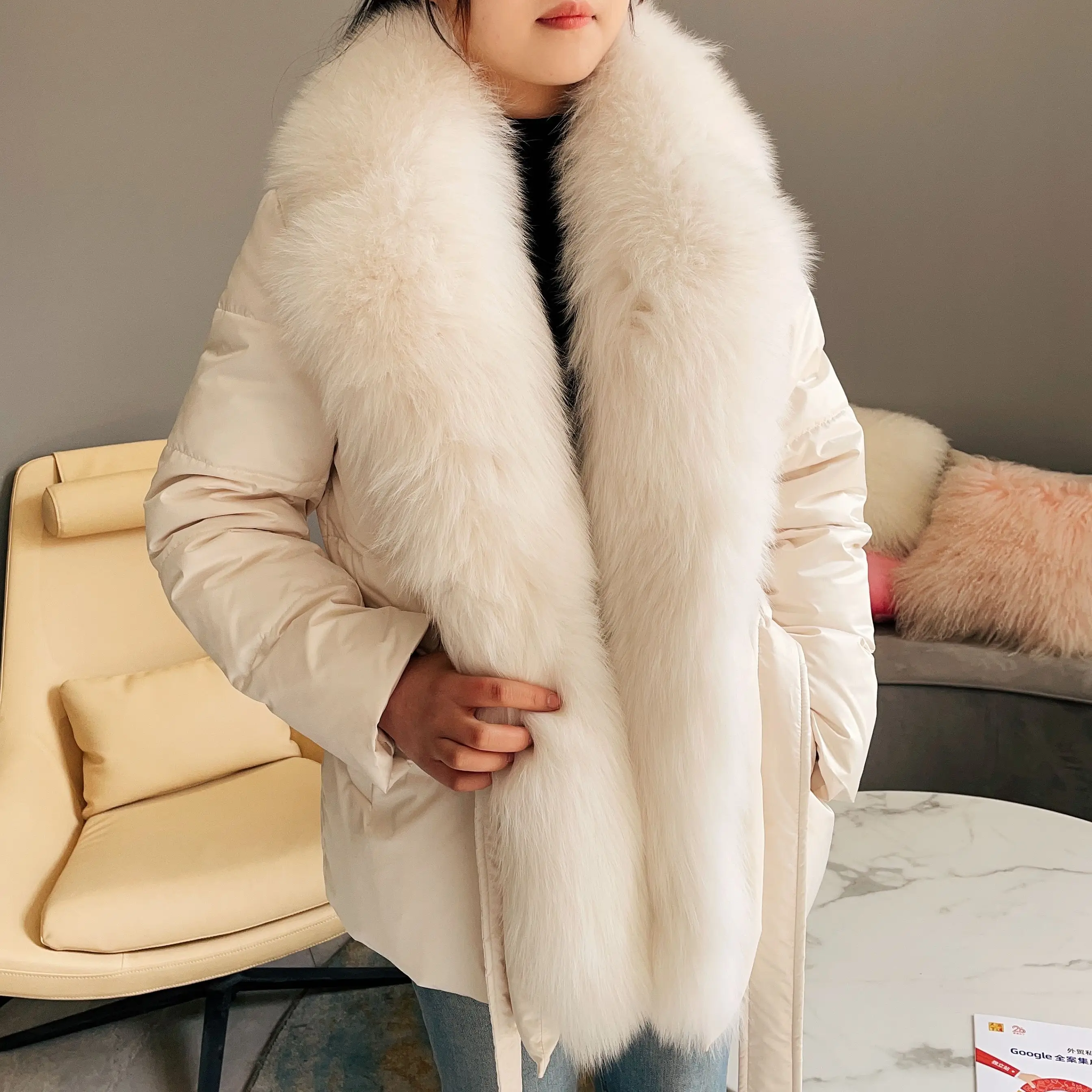 

JANEFUR Goose Down Jacket with Real Fox Fur Collar Women 2023 Warm Luxury Belted Puffer Coat Ladies Winter Outerwear