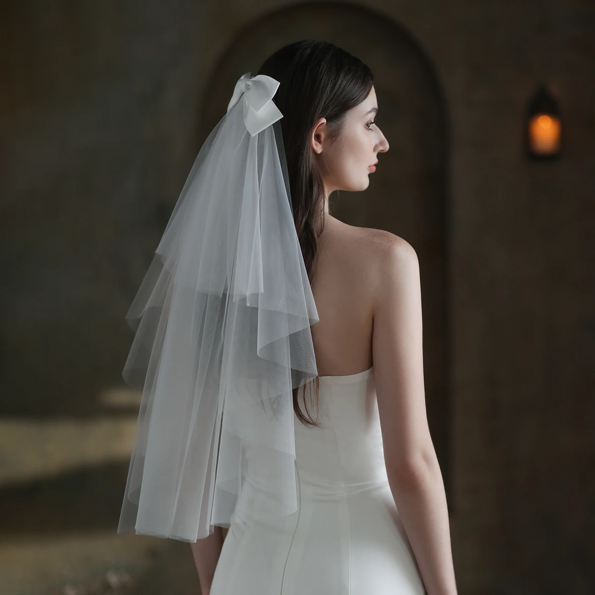 Bridal Veil V848 White Soft Tulle Two-Layer Wedding Bridal Veil of Satin Bow with Hair Comb