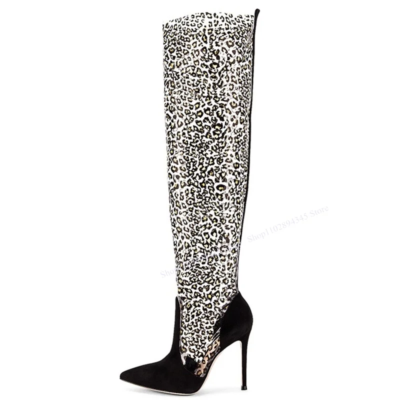 

Mixed Color Patchwork Leopard Boots Thin High Heel Knee High Cool Fashion Summer Casual Big Size Woman Shoes Zapatillas Mujer