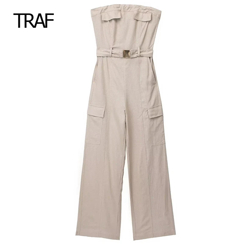 

TRAF Long Jumpsuit Woman Overalls Summer 2023 Linen Blend Off Shoulder baggy Ladies Jumpsuit Sexy Loose Jumpsuit Trousers Female