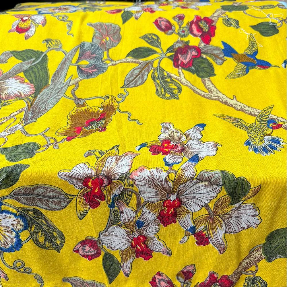 Bird And Floral Pattern Linen Cotton Canvas Fabric Handmade Sewing Clothes For Table Runner Curtains Women Bags Home Decoration