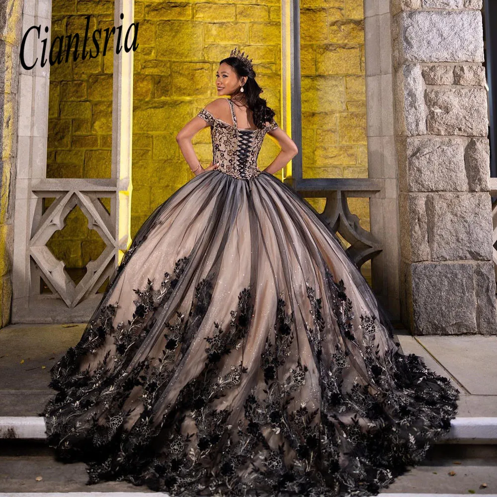 

Black Sweetheart Ball Gown Quinceanera Dress For Girls Beaded Birthday Party Gowns Prom Dresses 3D Flowers Vestido De 15 Anos