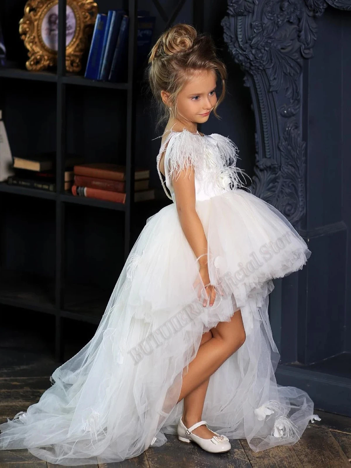 

High Low Lace Jewel Neck Feather Flower Girl Dresses Ball Gown Baby Girls Birthday Wedding Party Pageant Costumes Customised