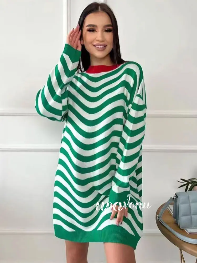 

Casual Autumn Stripe Pullover Knitted Dresses Women's O-Neck Long Sleeve Loose Mini Knitted Dress Fashion Club Party Vestidos