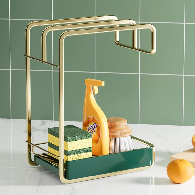 Light luxury style Rag Drain Rack Kitchen Storage Holders Gold Wall Shelf Organizer Metal Double-layer Bracket Delicate Texture