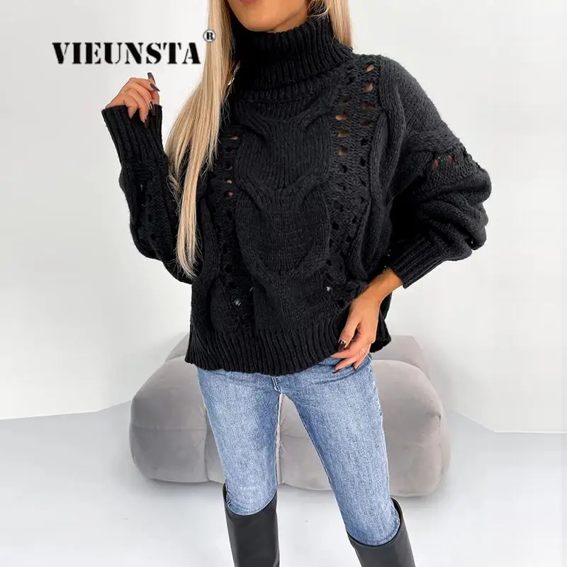 

Women Turtleneck Hollow Out Crochet Sweater Autumn Casual Long Sleeve Knitted Solid Pullover Top New Female Warm Street Knitwear