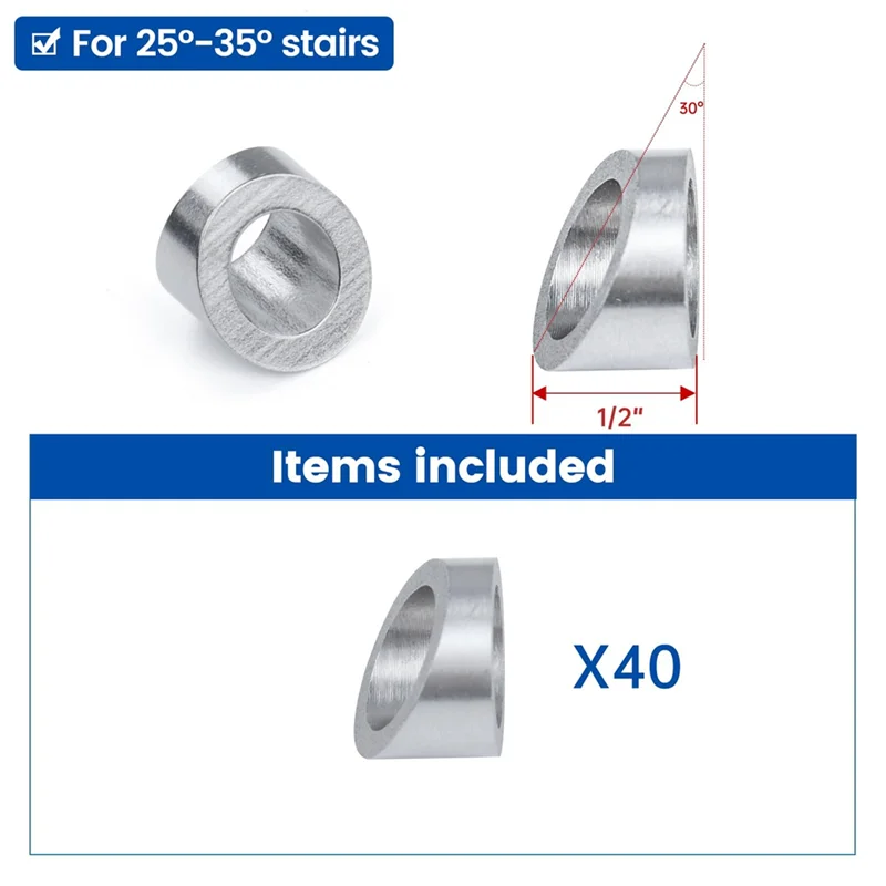 N11R 40팩 3/8인치 스테인리스 스틸 케이블 난간 키트 각도 경사 와셔 25 30 35도 데크 계단 난간 시스템용
