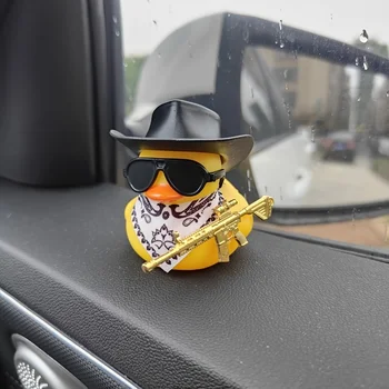 1PC Cute Black Cowboy Hat and Rifle Decor Little Yellow Duck Car Ornament, Car Decorations, Festival Gifts 1
