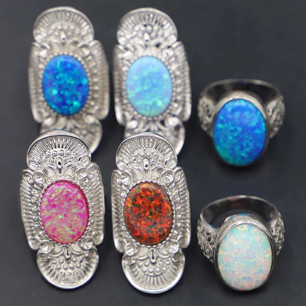 

Natural Stone Big Opal Opalite Bling Ring Unique Men Female Party Wedding Jewelry Fashion Girl 4Pcs
