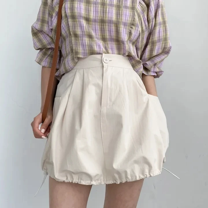 

South Korea chic fashion temperament all short skirt niche design high waist drawstring tooling flower pod skirt A-line skirt