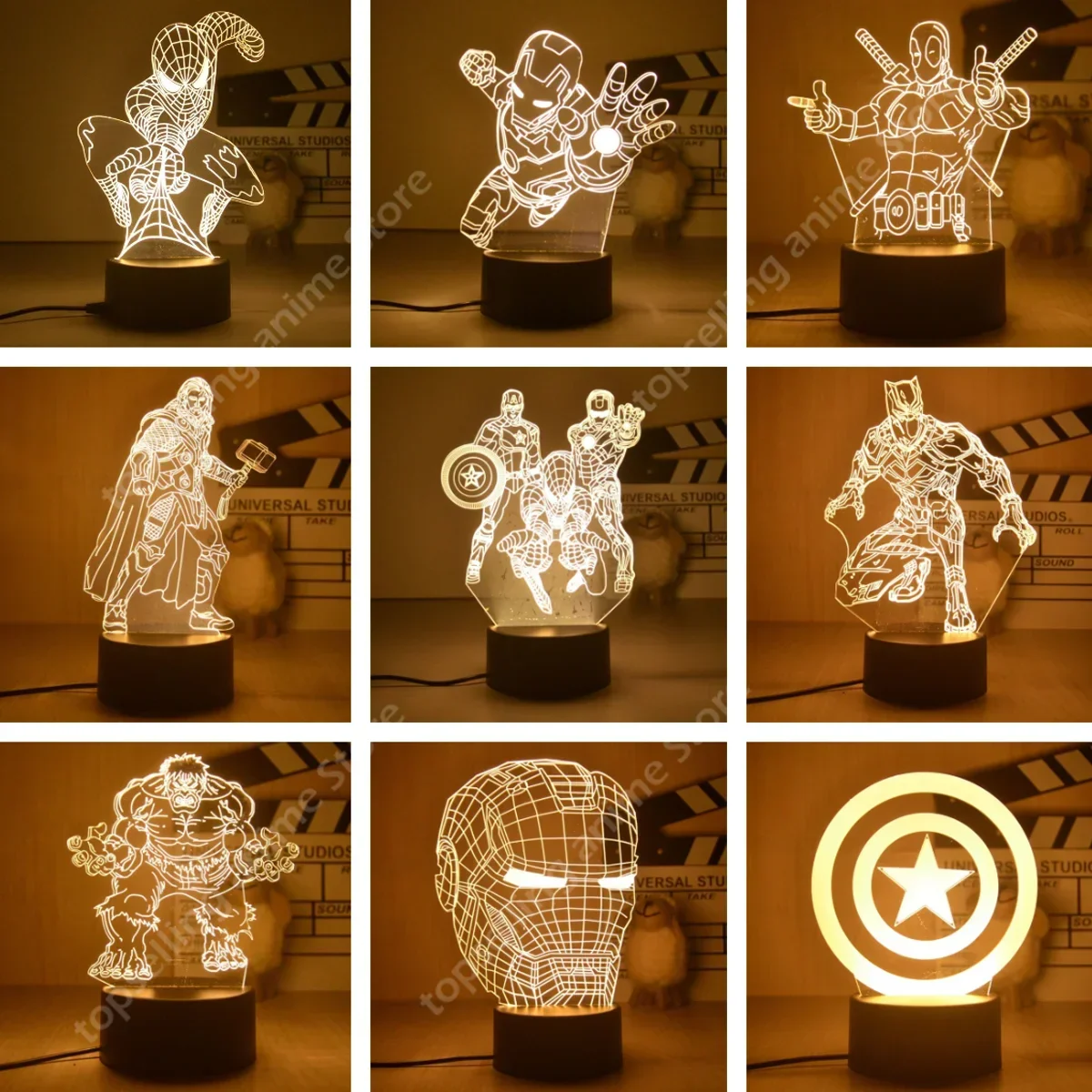 

Anime Disney Marvel LED Night Lights Ironman Spiderman Hulk Deadpool Thor Action Figures The Avengers 3D Lamp Decor Boy Gift
