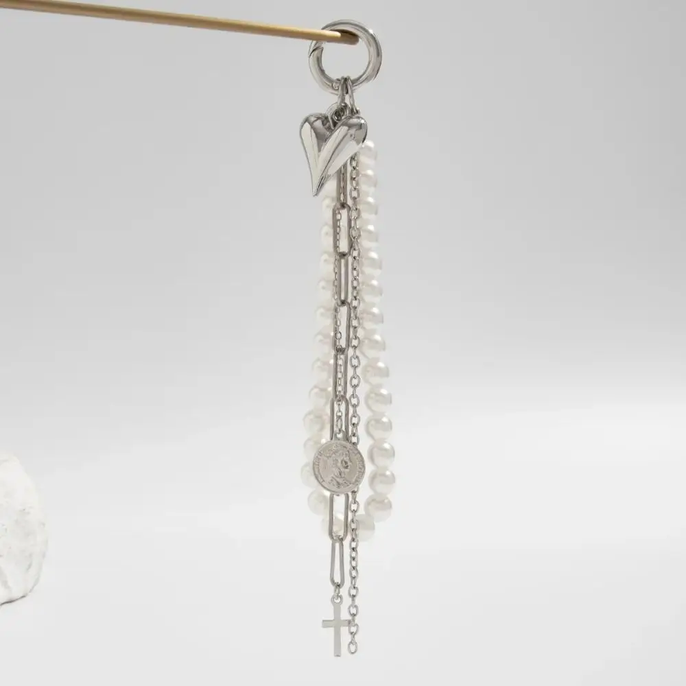 Fashion Metal Pearl Beaded Keychain Peach Heart Shape Tassel Decoration Bead Bag Chain Tassel Keychain Bag Accessories