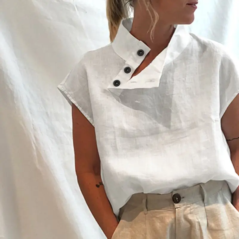 

2023 New Fashion Women Summer Solid Color Stand-up Collar Loose Shirt Women Elegant Short Sleeve Tunics Lightweight Blouses
