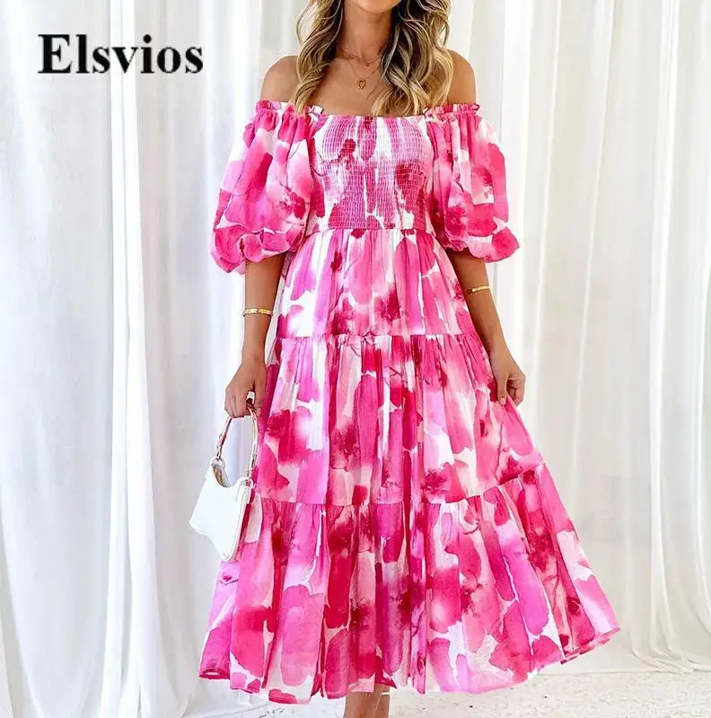 

Elegant Lantern Sleeve Loose Long Dress Fashion Print Women Boho Ruffle A-Line Dress Sexy Slash Neck Off Shoulder Beach Dresses