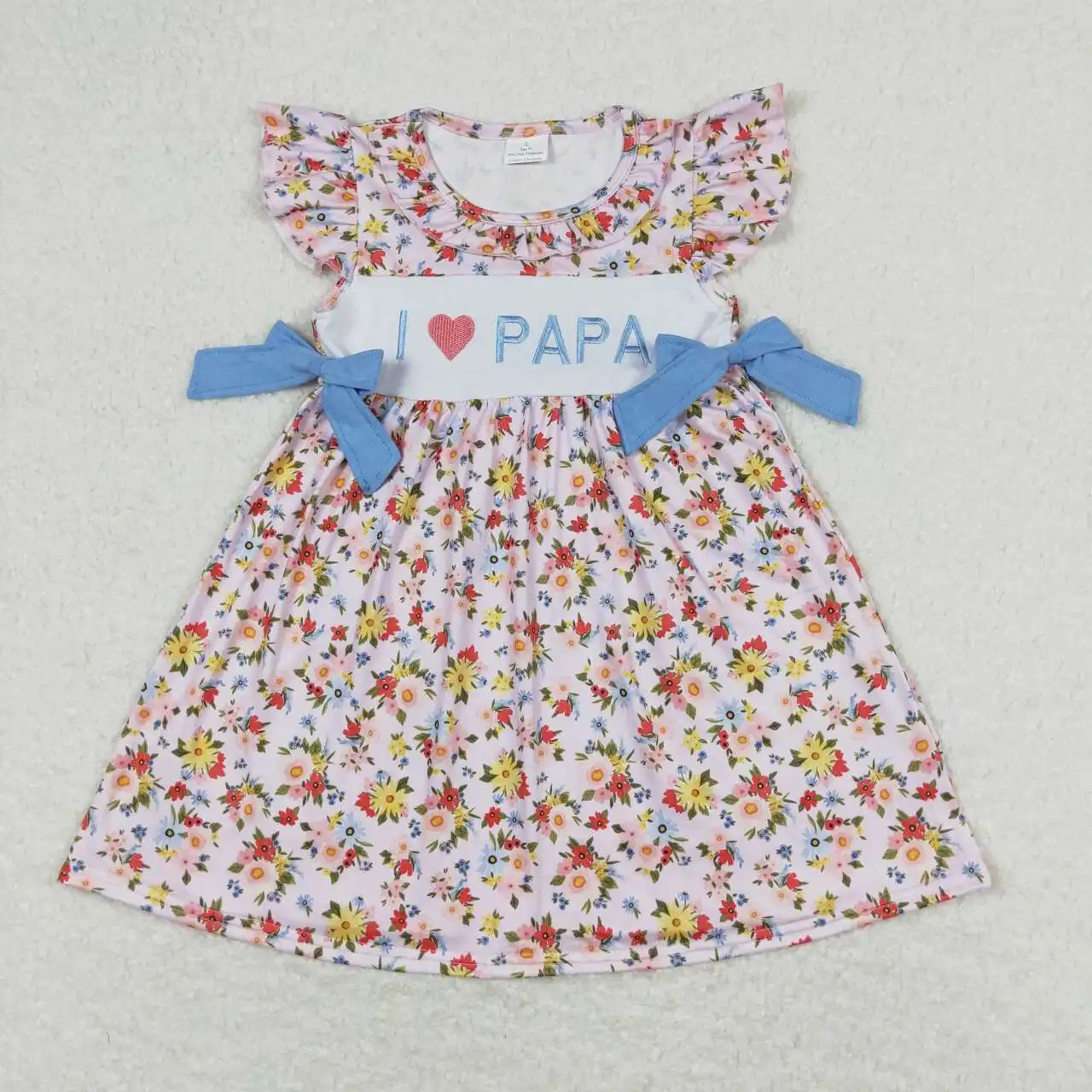 

wholesale hot sale western boutique clothing for baby girls clothes Embroidered letter flower blue bow flying sleeve dress