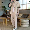 Summer Chinese Style Linen Tang Suit Men Shorts Tai Chi Uniform Retro V-neck Short Sleeve Print Shirt Pants 2 Piece Set 1
