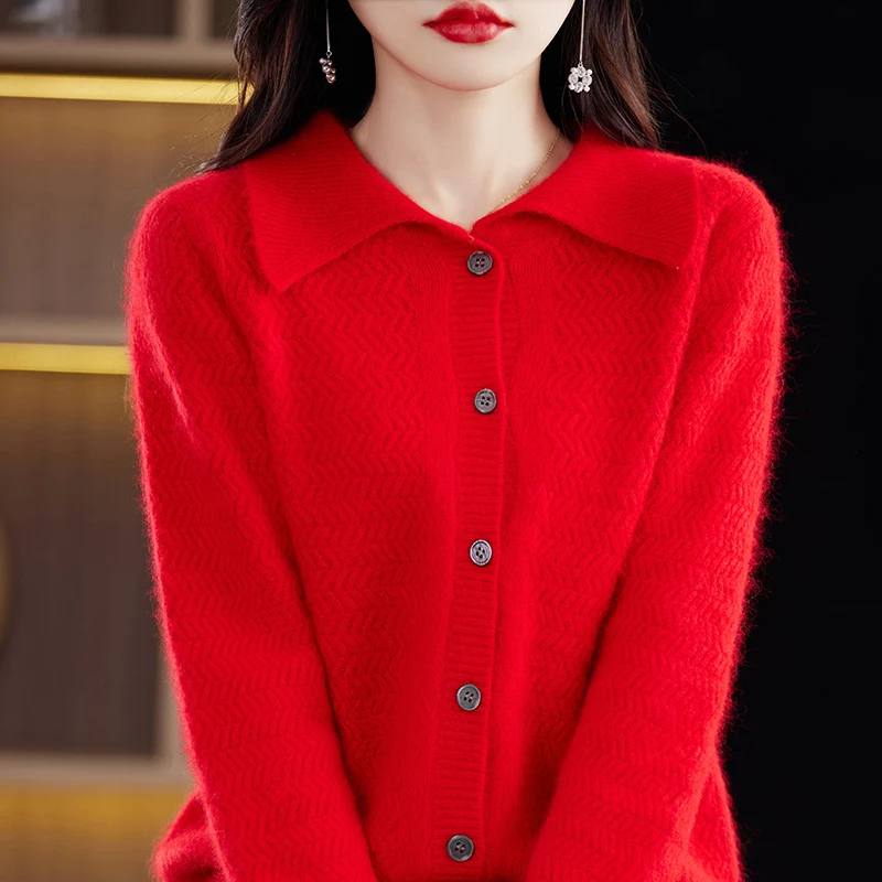 여성용 라펠 자카드 스웨터, 순수 밍크 캐시미어 니트 가디건, 루즈 라지 사이즈, 여성 의류 패션, 가을 핫 셀러 코트 탑
