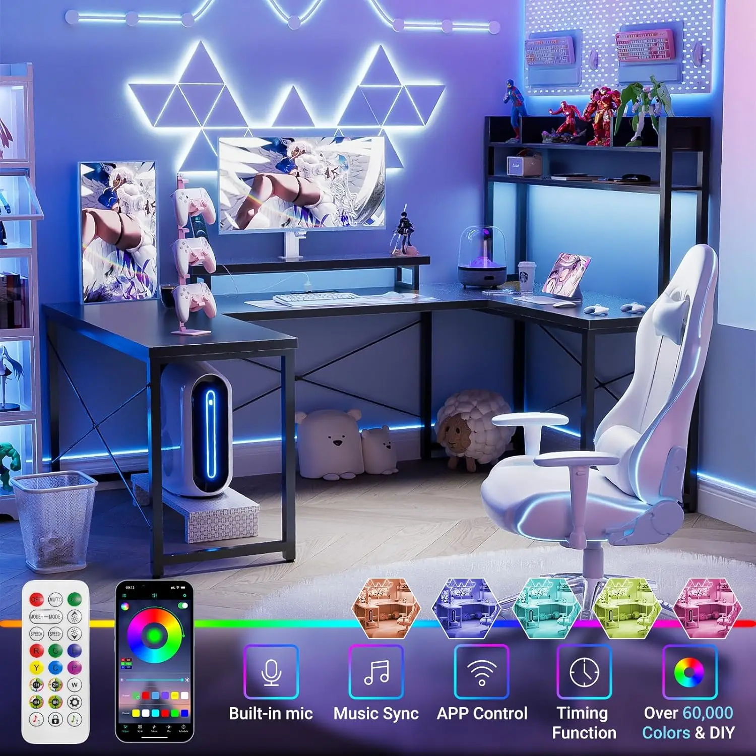U Shaped Desk with Hutch, Reversible L Shaped Computer Desk with Power Outlets and LED Strip 5