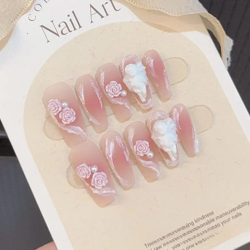 10pcs removeable ballet press on acrylic nails full cover gradient pink false nails with 3D charms handmade stick on nails long