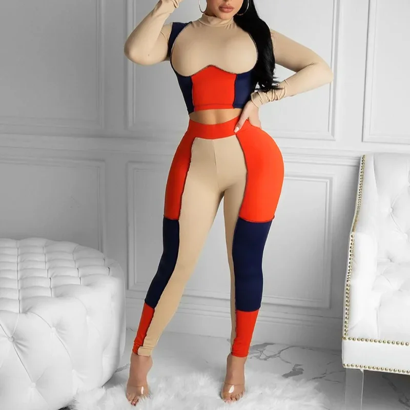 Sexy Patchwork Skinny Rompers Women Autumn Mock Neck Crop Top+Stretchy Legging Matching Outfit Female Hot 2021 Suit Streetwear